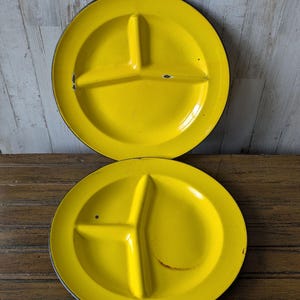 Two Sunny Yellow Divided Enamel Plates with Black Trim, Vintage Dinnerware, Picnic Camping Enamelware, Kitchen
