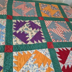 Vintage Handmade Quilt, Bear Paw Variation, Hand Sewn and Hand Quilted Blanket, 1950's Bed Cover image 4