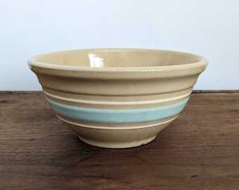 Watt 7" Light Aqua Blue Banded Stoneware Bowl, Antique Gold N Bake Watt Ware Mixing Bowl, Light Blue & White Stripes, Vintage