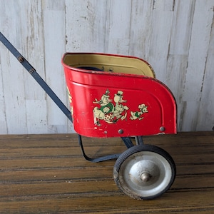 Muskin Mfg. Vintage Red Tin Cart Pull Toy, Mother & Father Duck with Ducklings, Child's Rolling Wagon, 1950s Dolly or Stuffie Stroller