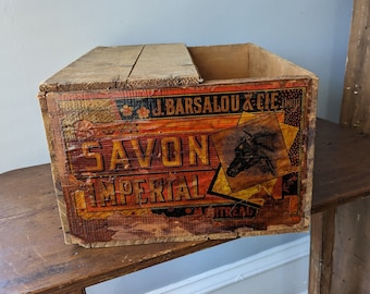 Savon Imperial Shipping Crate, J. Barsalou Wood Soap Box, Advertising Paper Label, Canadian Antique, Early 1900's