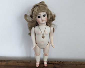 Little Bisque 9" Doll, Handmade Vintage, Marked "Bebe Joie", Jointed, Brown Glass Eyes, Pierced Ears, Painted Pink Shoes