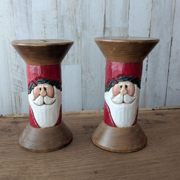 Two 6" Tall Midwest Eddie Walker Carved Santa Spools, Vintage Christmas
