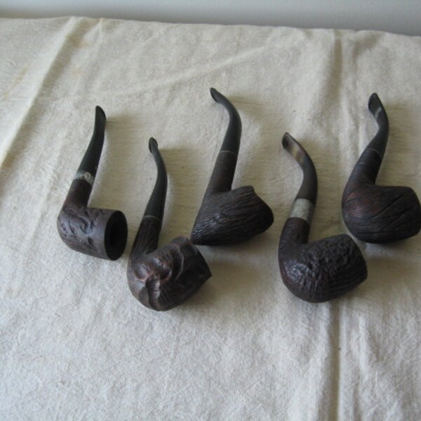 RESERVED Vintage Tobacco Smoking Pipes, Curved Stem & Carved Barrel, Bundle of Five