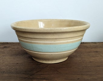 Watt 9" Light Aqua Blue Banded Stoneware Bowl, Antique Gold N Bake Watt Ware Mixing Bowl, Light Blue & White Stripes, Vintage