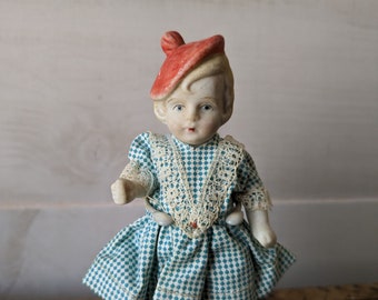 Cute Jointed Bisque Doll, 4 1/2" Tall, Original Clothes, Painted Red Tam, Little Vintage Dollhouse Figure, Occupied Japan