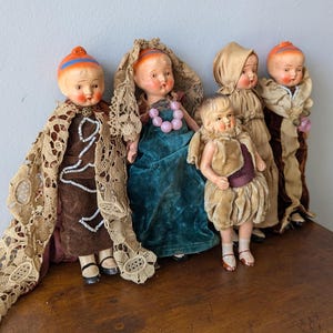 Five Little Bisque Costumed Dolls, 7 1/2&quot; & 6&quot; Japan Bundle, Vintage Jointed Dressed Art Dolls, Drama Diorama