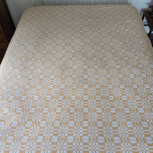 Orange Gold & Ivory Fringed Woven Bedspread Coverlet, Full Size Primitive Bed Covering