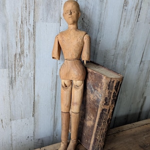 Antique Articulated Carved Wood Mannequin Doll, 13" Tall, Stamped, Dated