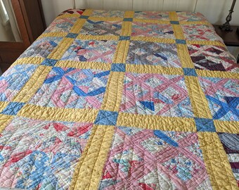 Colorful Farmhouse Abstract Quilt, Primitive Quilted Feedsack Patchwork Blanket, Antique