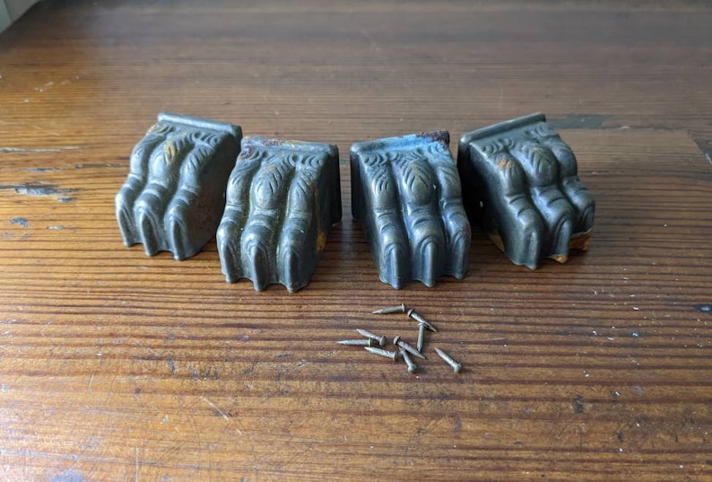 Set of 4 Claw Feet & Finishing Nails, Metal Furniture End Caps, Medium Size, Vintage, Some Rust NO RETURNS Check Measurements, One Size Only image 1