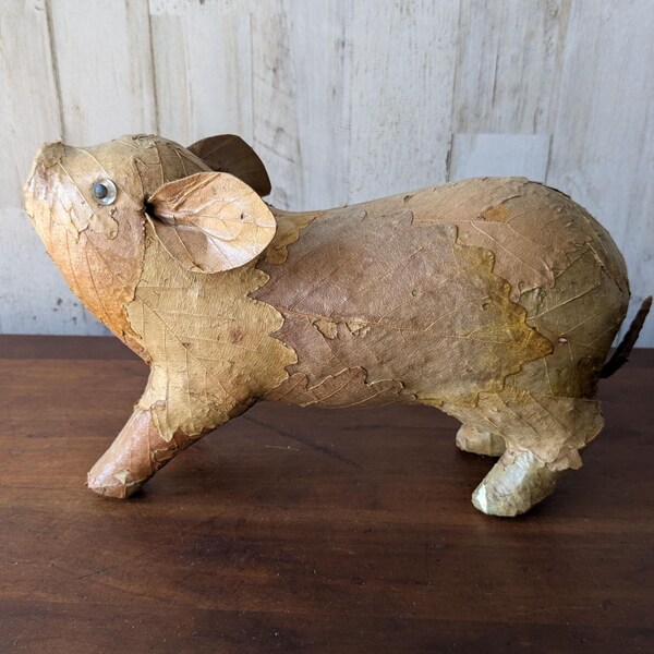 Papier Mache Piglet, Vintage Handmade Cute Little Pig, Made from Leaves