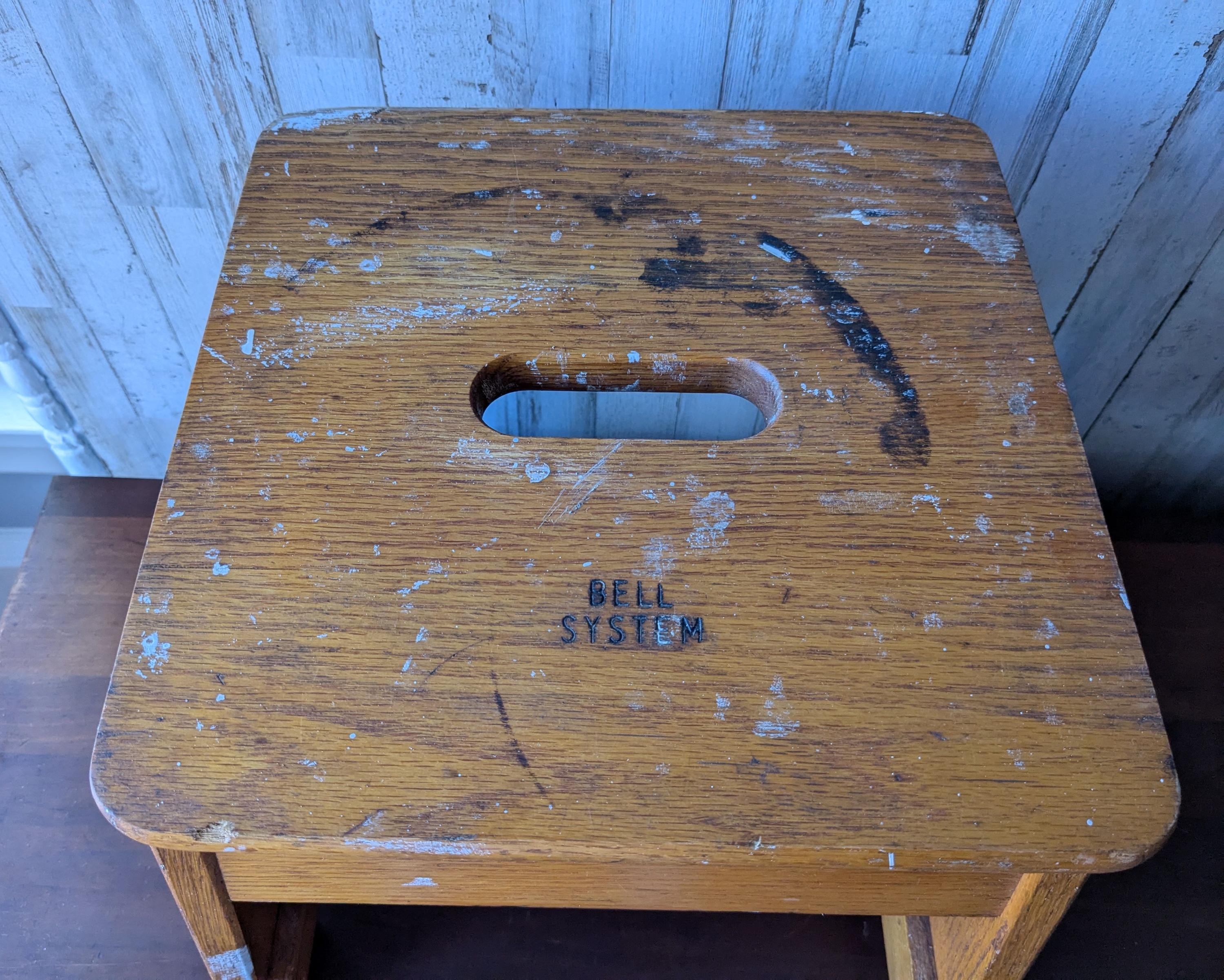 Vintage Bell System Oak Stool, Telephone Lineman Work Step Stool