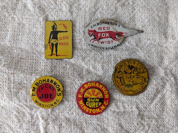 Five Antique Tobacco Tin Tags, Black Maria, Red Fox, Moose, Lucky Joe, Sun  Cured, Winston Salem North Carolina Collectibles