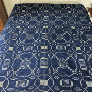 Navy Blue & Ivory Antique Woven Coverlet, Fringed 1800's Colonial Loomed Reversible Blanket, Geometric Octagon