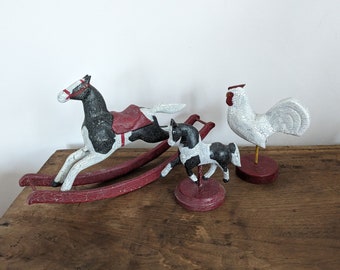 Handmade Signed Wood Animals, Rocking Horse, Carousel Horse, Carousel Rooster, Painted, Vintage, Antique