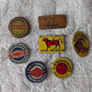 Seven Tobacco Tin Tags, Bull Woods, Fancy Boy Horse, Alabama, Lucky Joe, Diamond in Rough, Special Drive, Choice, Winston North Carolina