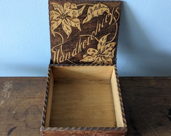 Wood "Handkerchiefs" Box, Carved Design, Small Square 5" Box, Antique Hinged Storage Hankies Container