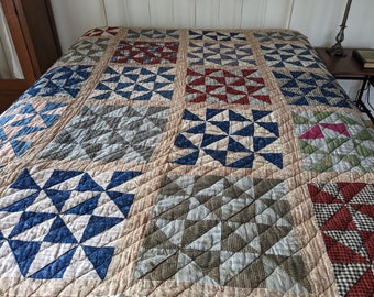 Handmade Windmill Quilt, "Broken Wheel" Pattern, Vintage Quilted Blanket