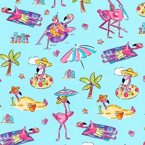 Fabric Flamingos On The Beach  REMNANT 3/8 yard