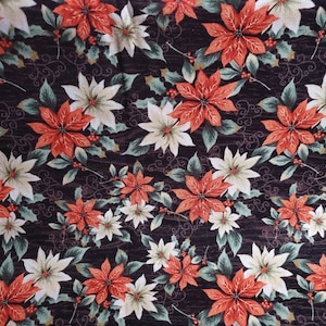 Tissu de vacances - Poinsettias rouges et crème sur noir
