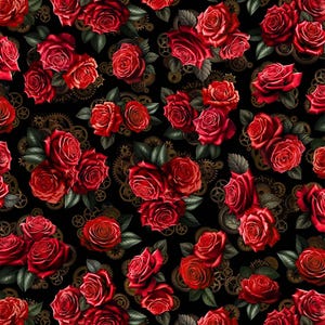Puede incluir: Un patrón repetido de vibrantes rosas rojas con hojas verdes y engranajes dorados sobre un fondo negro. Las rosas están en varias etapas de floración, creando un diseño romántico y detallado.