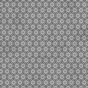 May include: A repeating pattern of black geometric shapes on a white background. The design features a complex arrangement of interconnected star-like and circular elements, creating a dense, textured appearance. The pattern is symmetrical and uniform.