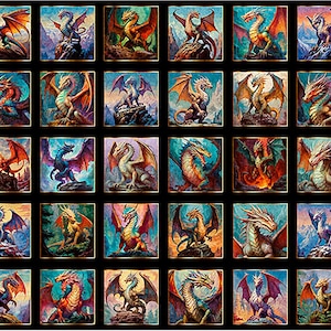 Puede incluir: Una colección de 25 imágenes cuadradas con ilustraciones de dragones coloridos. Cada dragón se representa en una pose única con varios colores, incluyendo rojo, azul, dorado y verde, sobre fondos detallados. Las imágenes están dispuestas sobre un fondo negro.