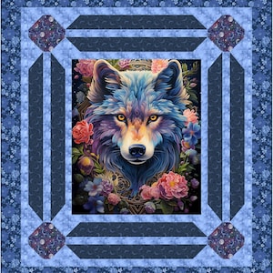 May include: A vibrant quilt featuring a detailed portrait of a wolf with blue, purple, and yellow fur, surrounded by colorful flowers. The quilt has a blue floral border and a geometric frame design.