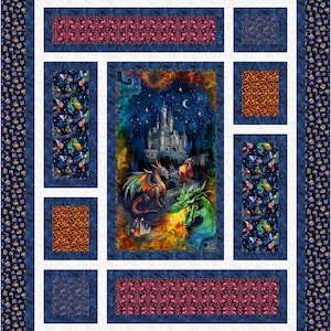 May include: A fantasy quilt with a central image of a castle and dragons. The quilt has a dark blue background with white borders and rectangular panels with patterned designs. The central image depicts a night sky with a crescent moon and stars.