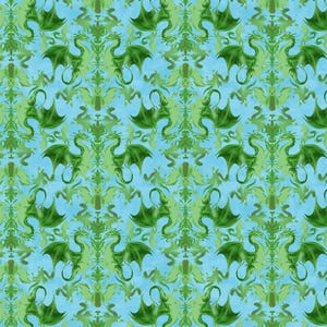 Pode incluir: Um padrão repetitivo com dragões verdes com asas abertas sobre um fundo azul claro. Os dragões estão em vários tons de verde, criando um design texturizado e simétrico. O tema geral é fantasia e criaturas míticas.