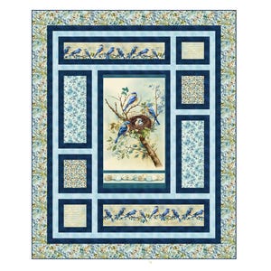 May include: A bluebird-themed quilt featuring a central image of bluebirds perched on a tree branch near a nest with eggs. The quilt has a floral border and is framed by dark blue and light blue panels with floral patterns and additional bluebird motifs.