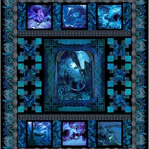 May include: A blue and black quilt featuring a dragon design. The quilt has a large central panel with a dragon flying over a castle, surrounded by smaller panels depicting dragons in different poses. The quilt is edged with a decorative border.