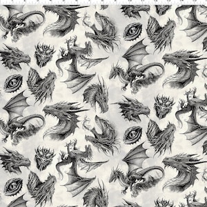Black Dragons on White, In The Beginning Fabrics, Jason Yenter, from the Dragons Emerald Reign, 23DRG2