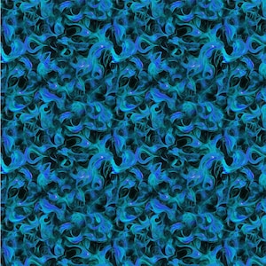Pode incluir: Padrão abstrato com formas giratórias, semelhantes a chamas, em tons de azul-petróleo e azul sobre um fundo escuro. O design tem uma qualidade fluida e dinâmica, criando uma sensação de movimento e profundidade. O padrão se repete em toda a superfície.