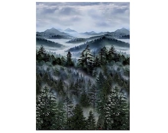 Misty Mountain, Serene Mountain Scene, Evergreens, Misty Mountain, Timeless Treasures, Digital Print, CD3527, 24-inch Panel