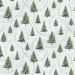 May include: A repeating pattern of green Christmas trees with snow-covered branches on a light gray background. The words "Winter Wonderland" and "Walking on a blanket of snow" are scattered across the design. The overall theme is winter and Christmas.