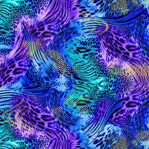 May include: Abstract seamless pattern with blue, purple, and teal animal print designs. The background is covered in a gold polka dot pattern.