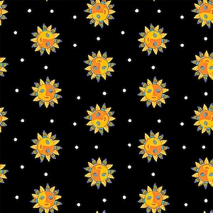 Puede incluir: Un patrón sin costuras con un diseño repetitivo de soles estilizados en colores naranja, amarillo y azul sobre un fondo negro con lunares blancos.