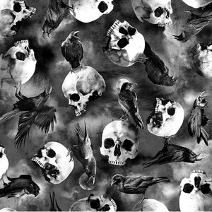 Corvi grigi su teschi - Wicked - Tesori senza tempo - Tessuto a tema gotico - CD1829-GREY