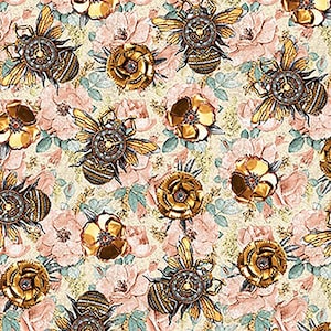 Time Travel by Urban Essence Designs for Blank Quilting, 3009-22, Pink, roses and bees, steampunk, FAT QUARTER