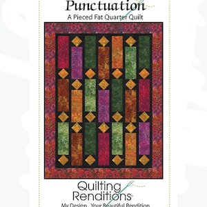 Può includere: Una colorata trapunta intitolata "Punctuation" con un design patchwork. La trapunta presenta rettangoli verticali in tonalità di rosso, verde, arancione e viola, separati da spazi neri e accentuati da forme a diamante dorate. Il bordo è un mix di rosso e rosa.