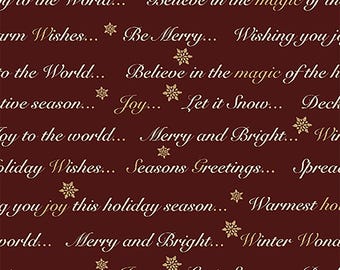 Holiday Greetings, Holiday Tidings, Burgundy, Metallic Fabric, Benartex, Kanvas Studio, #14912M87B