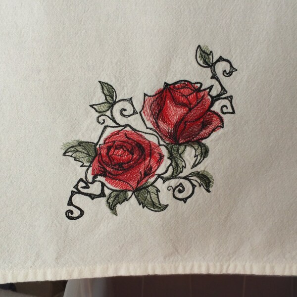 Flour sack dish towel with Rose Embroidery 18" x 24"