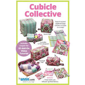 Op de afbeelding: Promotieafbeelding voor het naaiproject "Cubicle Collective". Het toont verschillende tassen met ritssluiting, waaronder vierkante en rechthoekige ontwerpen, met kleurrijke bloempatronen. De afbeelding bevat tekst over het project en een coupon.