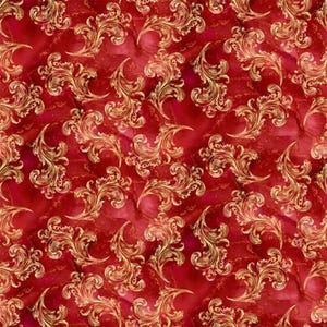 May include: Red background with a repeating pattern of gold leaf swirls.