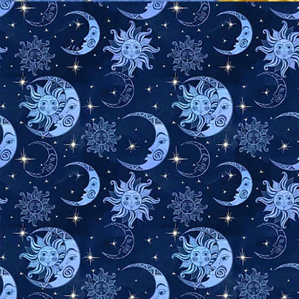 Quilting Treasures, QT, Celestial Sun & Moon Style # : 29630 -N, Navy, ©Kate Ward Thacker for Ink and Arrow, heavens, sky
