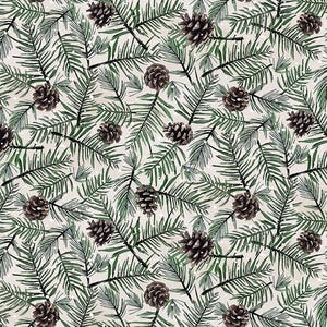 May include: A repeating pattern of green pine branches and brown pine cones on a cream-colored background. The design has a watercolor effect, with small white dots scattered throughout, creating a winter or holiday theme.