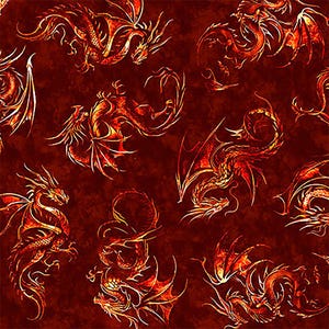 May include: A repeating pattern of stylized dragons in shades of red, orange, and gold against a dark red background. The dragons are depicted with wings and intricate details, creating a fantasy theme.