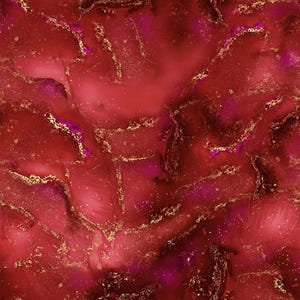 May include: Abstract artwork with a textured appearance. The design features a blend of deep reds, pinks, and purples, accented with shimmering gold veins. The overall effect is a dynamic and luxurious visual.